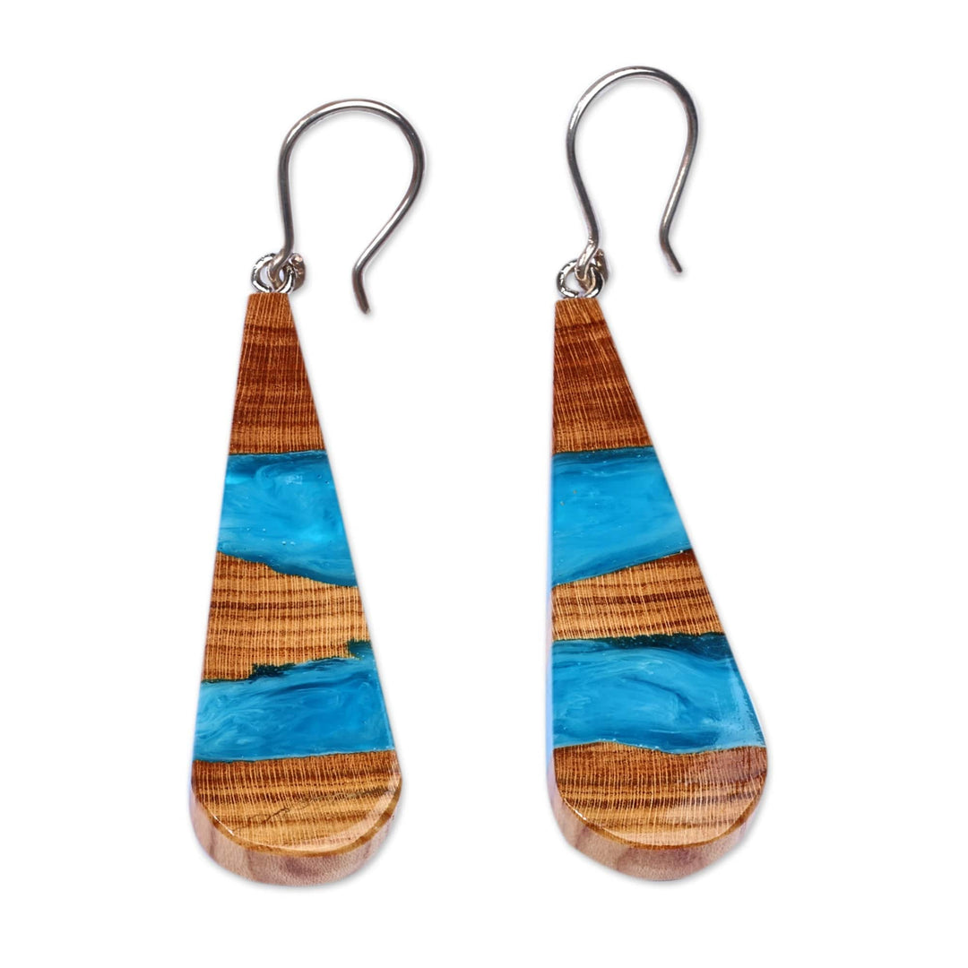 Drop-Shaped Apricot Wood Blue Resin Dangle Earrings - Oceanic Dimension