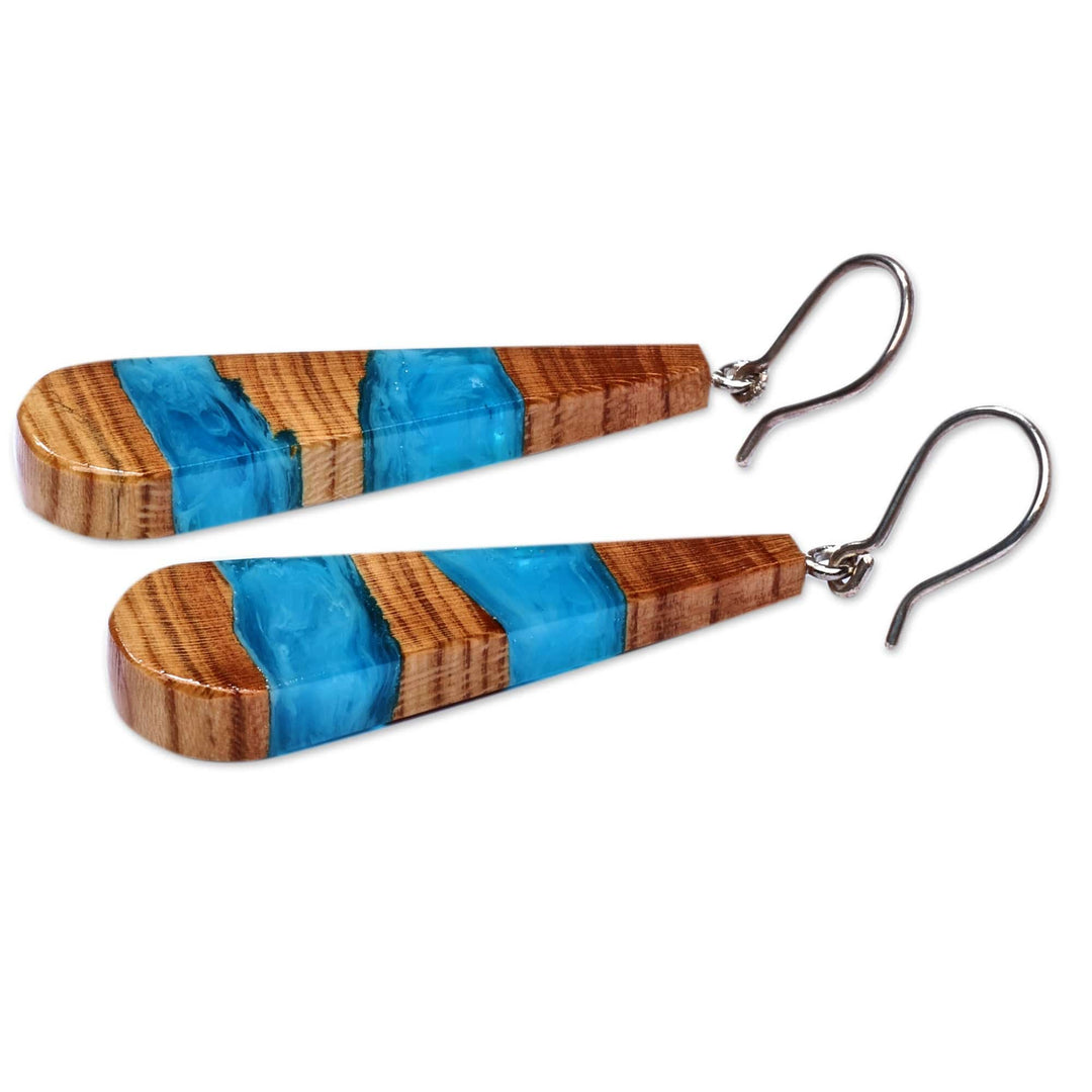 Drop-Shaped Apricot Wood Blue Resin Dangle Earrings - Oceanic Dimension
