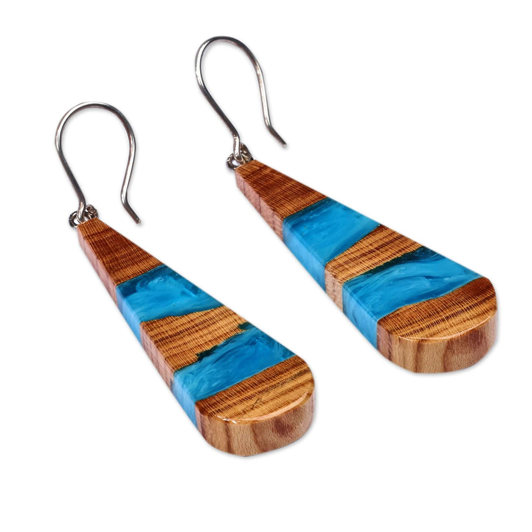 Drop-Shaped Apricot Wood Blue Resin Dangle Earrings - Oceanic Dimension