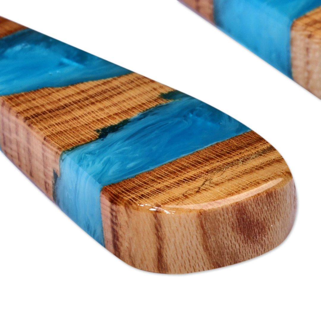 Drop-Shaped Apricot Wood Blue Resin Dangle Earrings - Oceanic Dimension