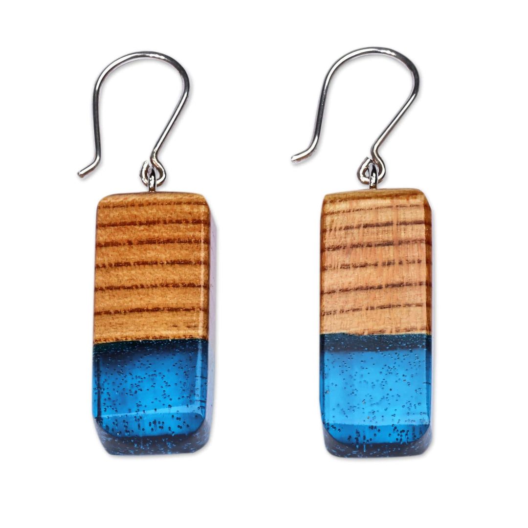 Geometric Apricot Wood and Blue Resin Dangle Earrings - Azure Totem