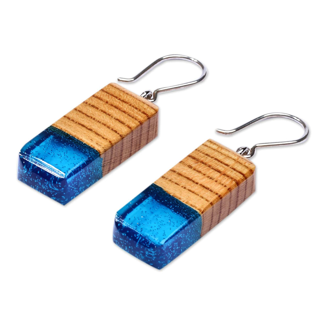 Geometric Apricot Wood and Blue Resin Dangle Earrings - Azure Totem