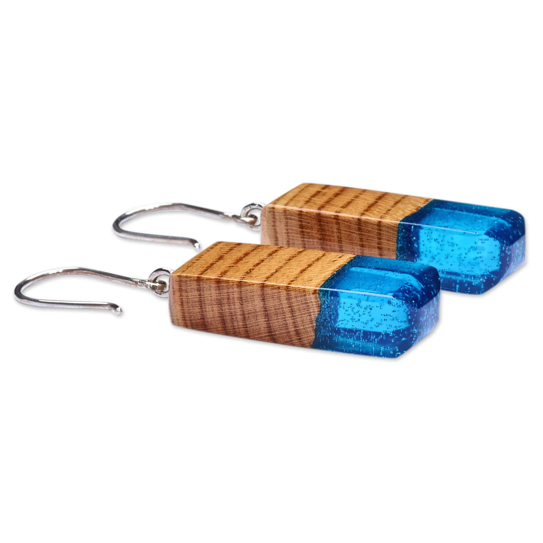 Geometric Apricot Wood and Blue Resin Dangle Earrings - Azure Totem