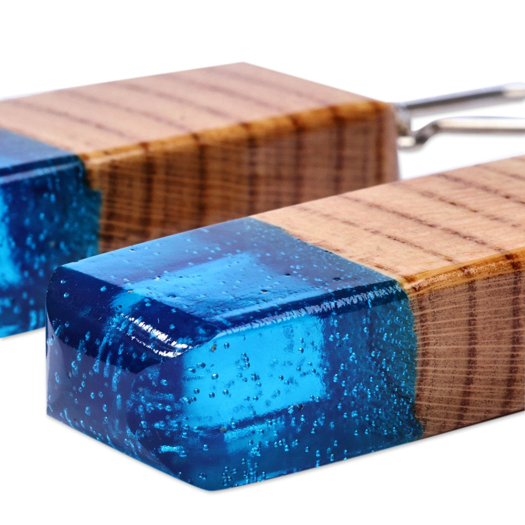 Geometric Apricot Wood and Blue Resin Dangle Earrings - Azure Totem