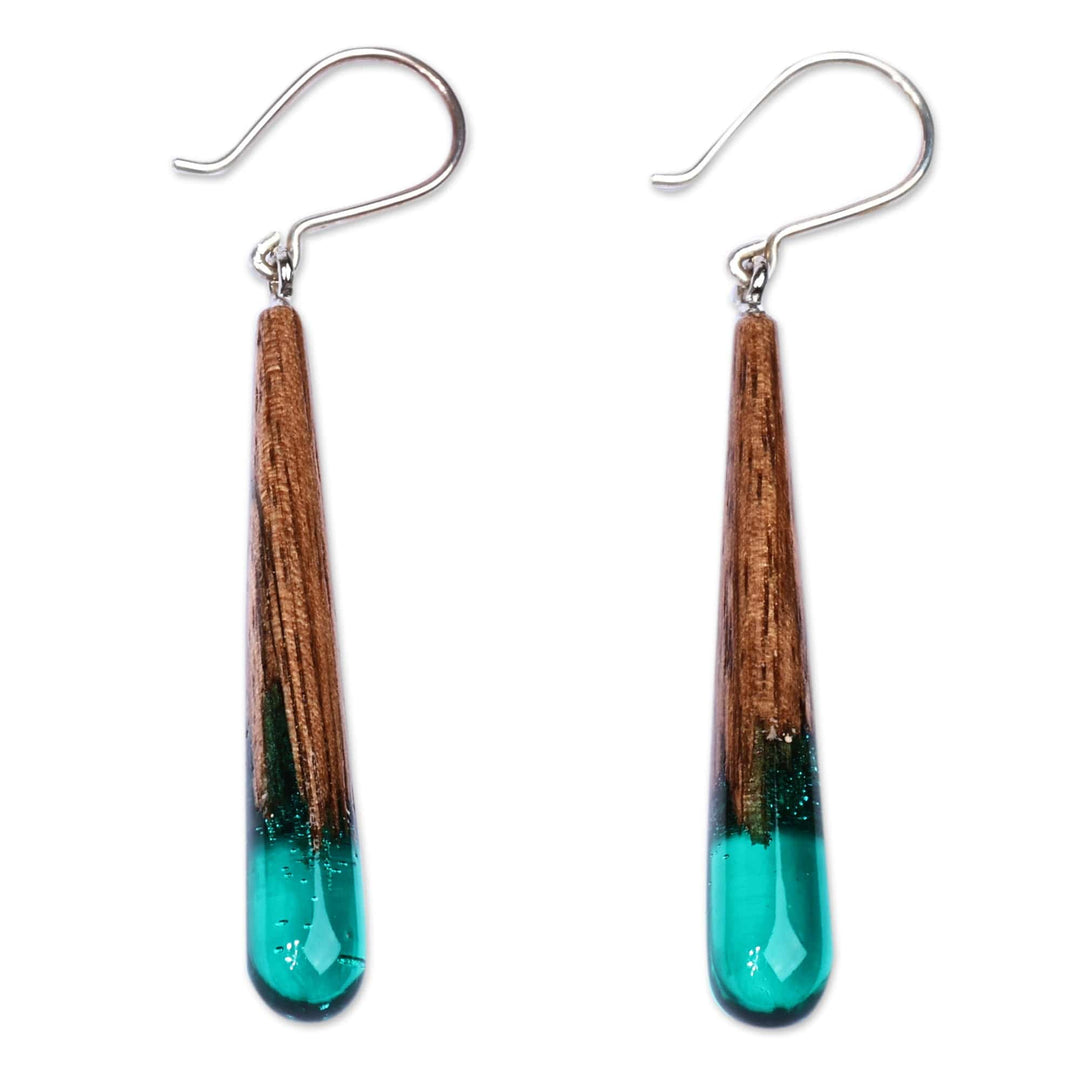 Drop-Shaped Walnut Wood and Green Resin Dangle Earrings - Ethereal Serenity