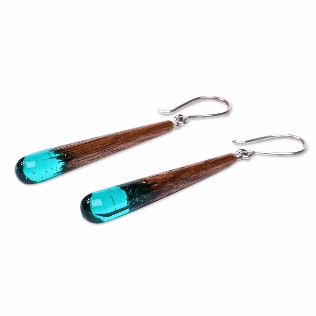 Drop-Shaped Walnut Wood and Green Resin Dangle Earrings - Ethereal Serenity