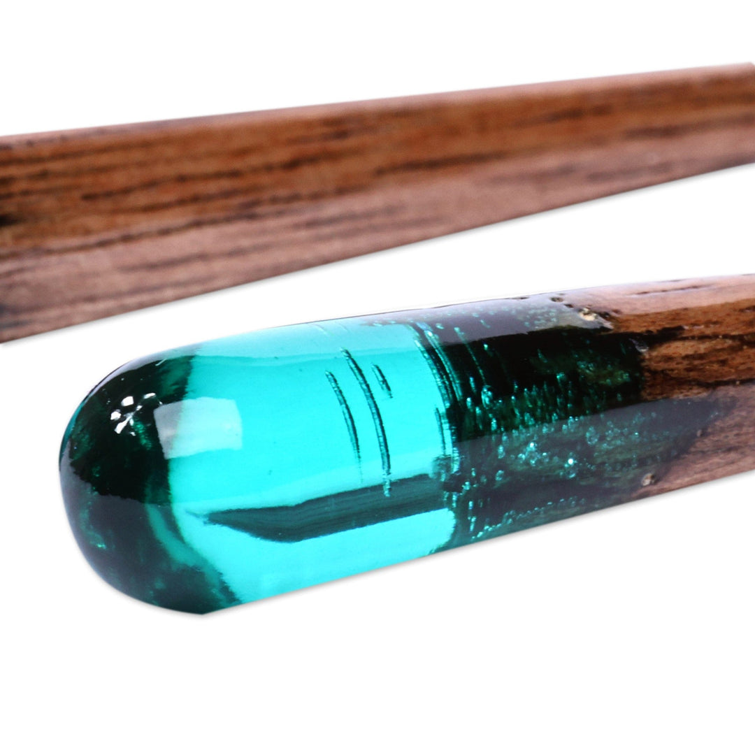 Drop-Shaped Walnut Wood and Green Resin Dangle Earrings - Ethereal Serenity