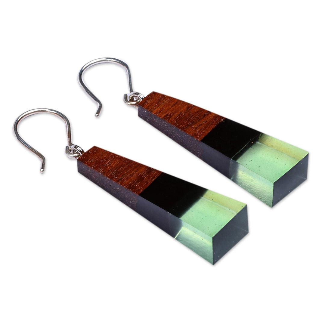 Geometric Walnut Wood and Green Resin Dangle Earrings - Green Balance