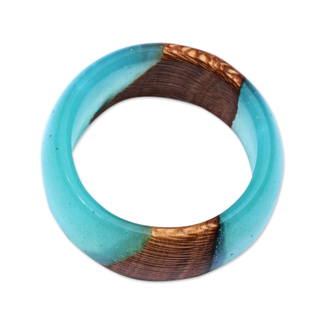 Handcrafted Apricot Wood and Turquoise Resin Band Ring - Turquoise Emblem