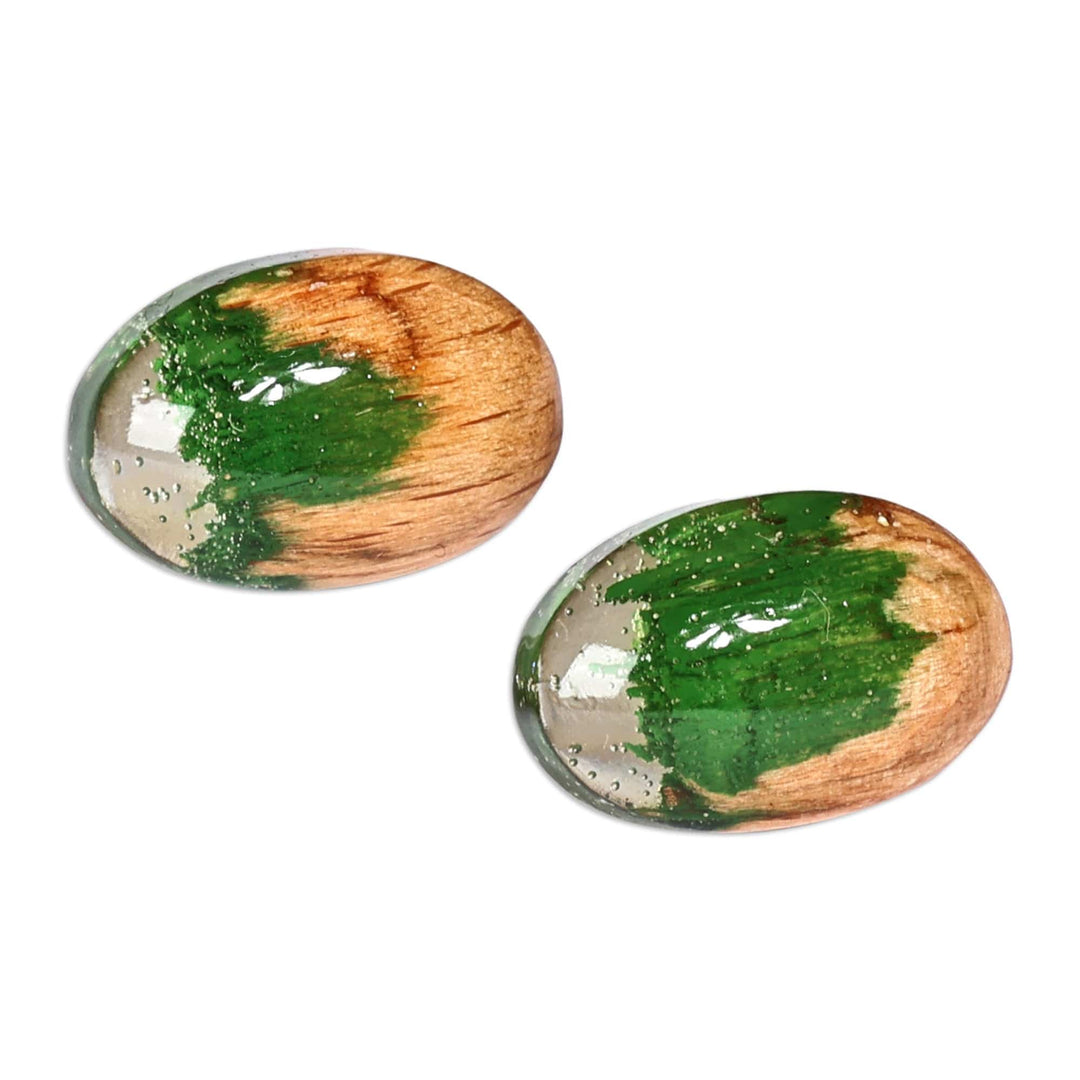 Handcrafted Apricot Wood and Green Resin Button Earrings - Forest Bubble