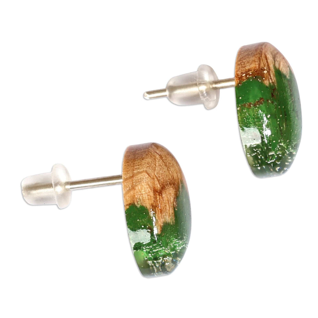 Handcrafted Apricot Wood and Green Resin Button Earrings - Forest Bubble