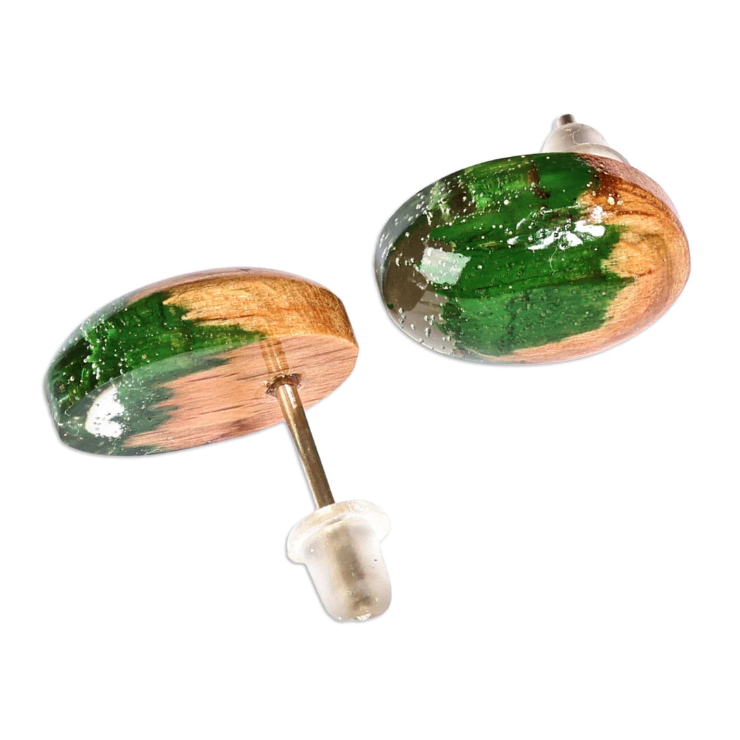 Handcrafted Apricot Wood and Green Resin Button Earrings - Forest Bubble