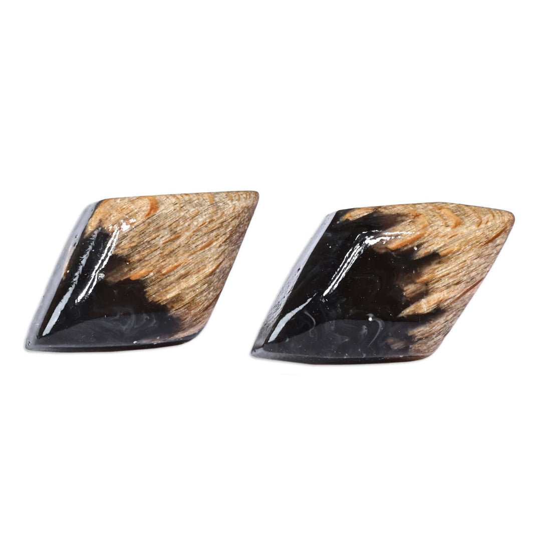 Diamond-Shaped Walnut Wood and Black Resin Button Earrings - Jewels From the Night