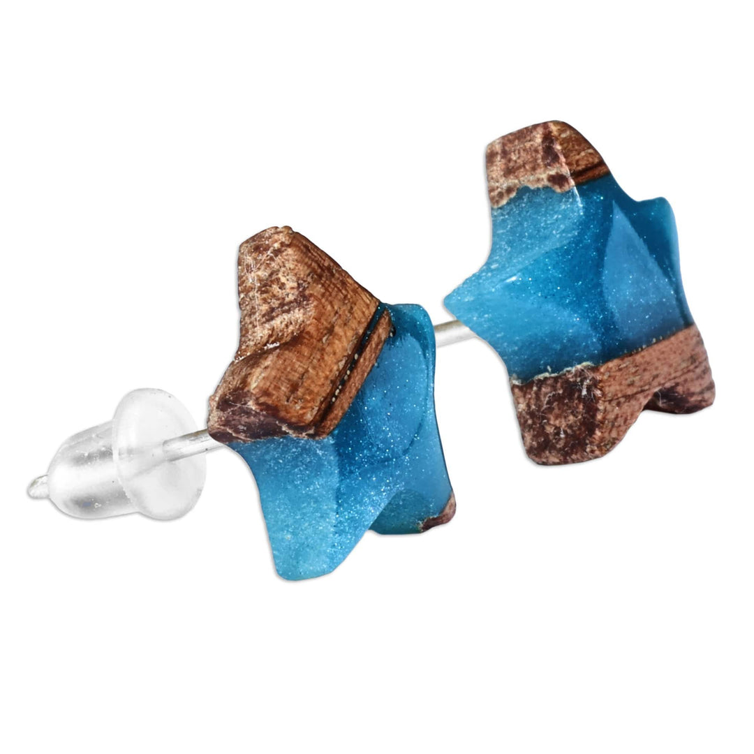 Star-Shaped Blue and Brown Walnut Wood Resin Stud Earrings - Sky Starlight