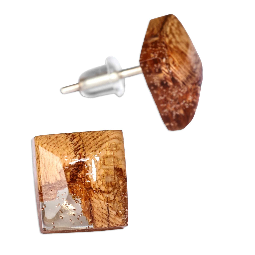 Diamond-Shaped Apricot Wood and Resin Button Earrings - Sylvan Diamond