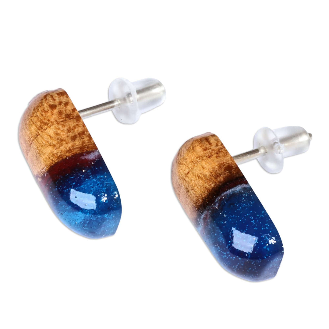 Handmade Blue and Brown Apricot Wood Oblong Button Earrings - Little Spell