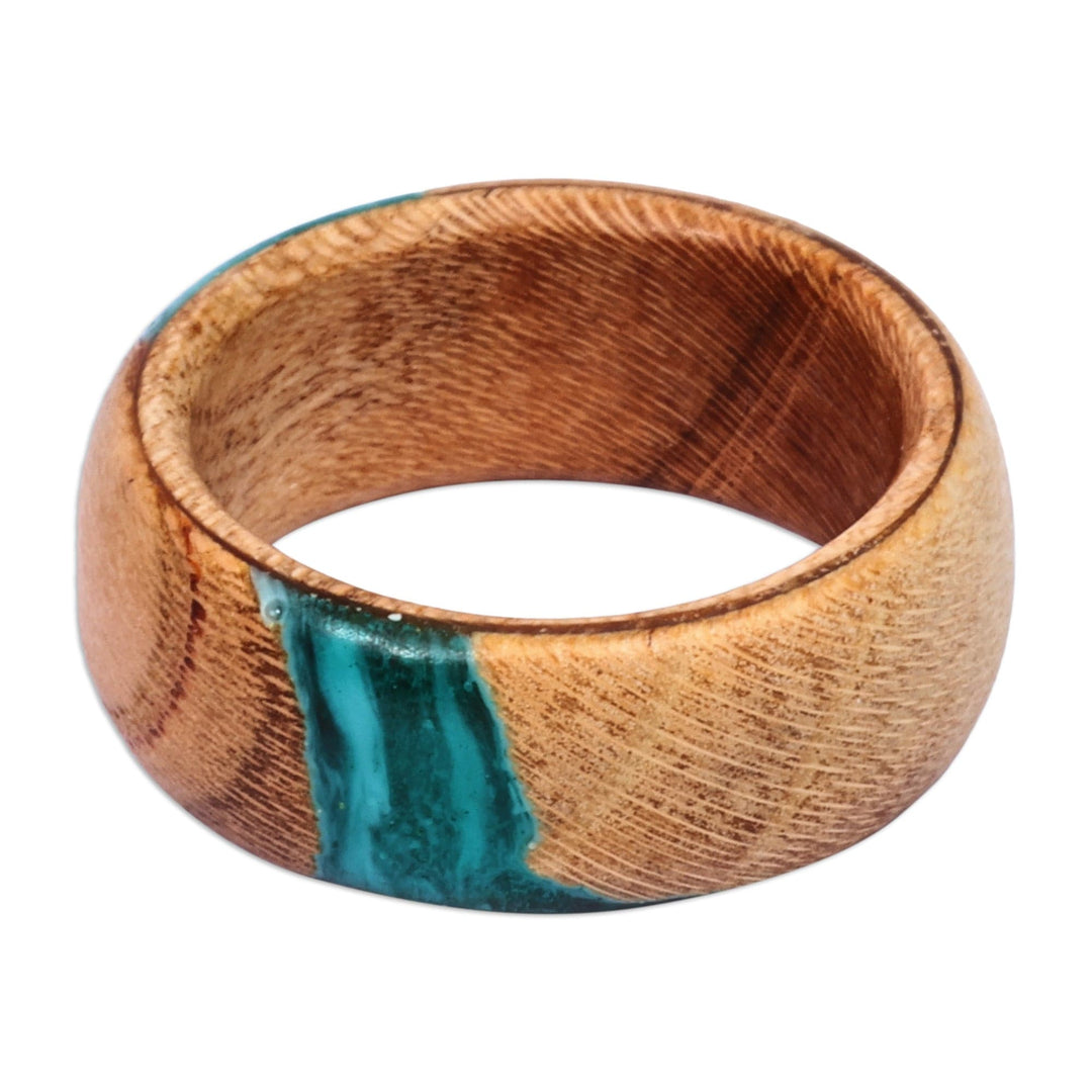 Handcrafted Apricot Wood and Resin Band Ring in Turquoise - Chic Harmony