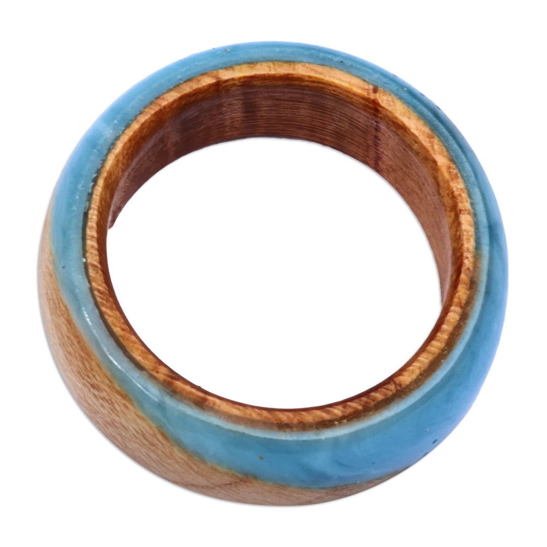 Handcrafted Apricot Wood and Resin Band Ring in Blue - Chic Dream