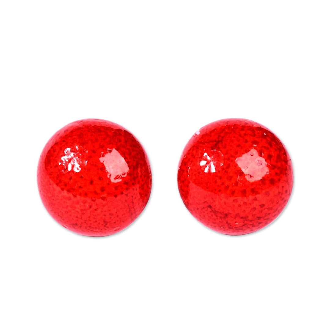 Red Ceramic Button Earrings with Sterling Silver Posts - Red Globe