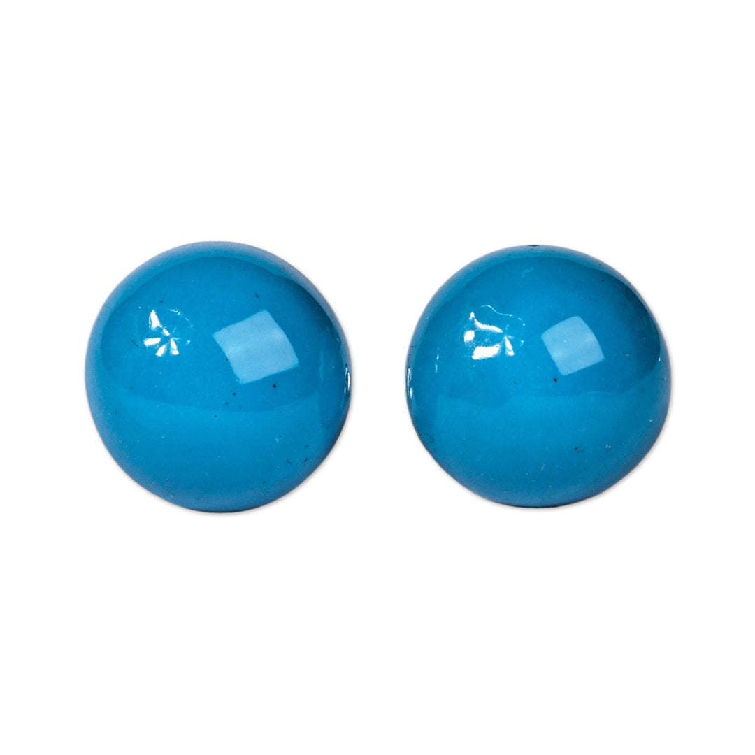 Modern Bright Blue Ceramic Button Earrings with Posts - Bright Blue Globe