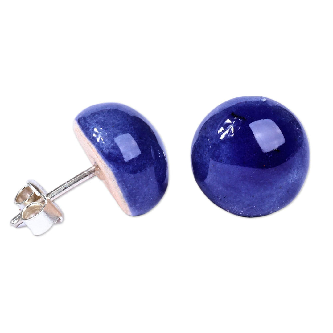 Modern Violet Blue Ceramic Button Earrings with Posts - Violet Blue Globe
