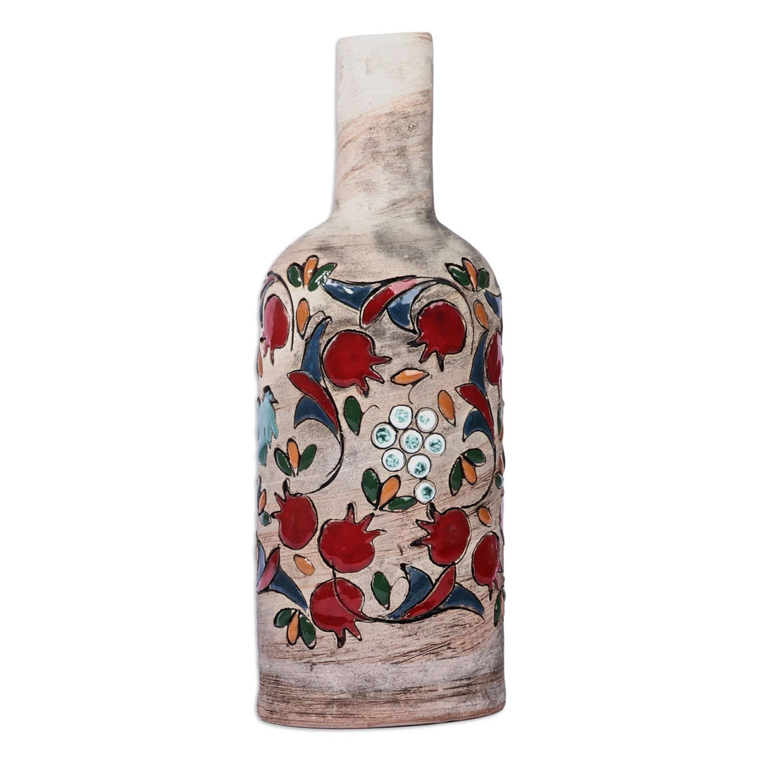 Hand-Painted Ceramic Bottle Vase with Pomegranate Motif - Exotic Pomegranate