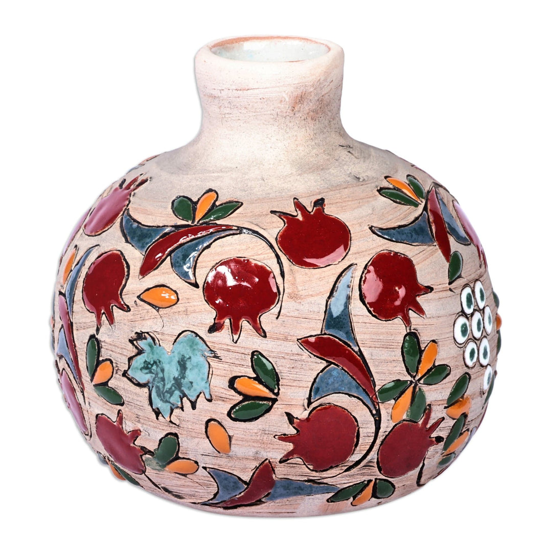 Round Hand-Painted Pomegranate Ceramic Vase from Armenia - Juicy Pomegranate