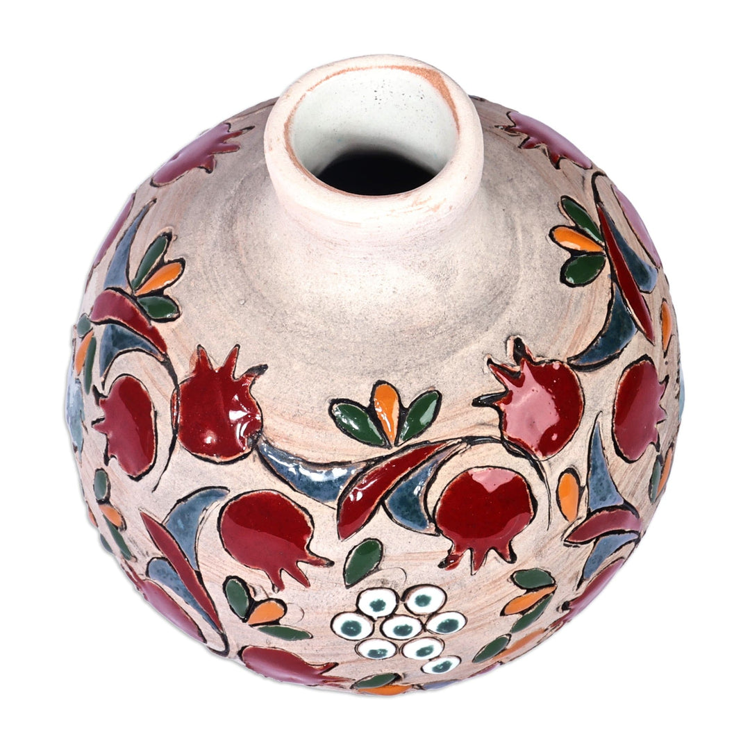 Round Hand-Painted Pomegranate Ceramic Vase from Armenia - Juicy Pomegranate