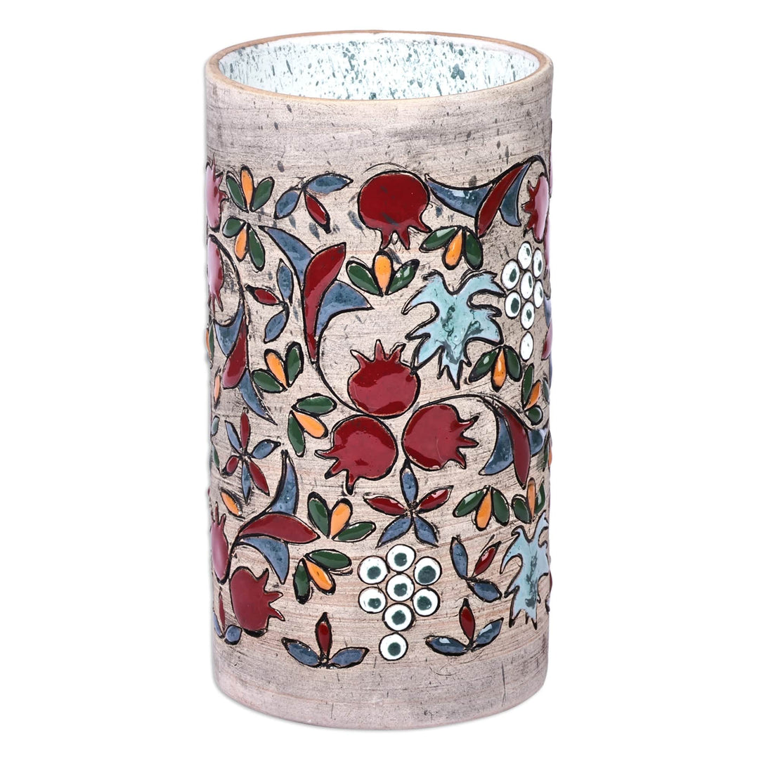 Hand-Painted Ceramic Cylinder Vase with Pomegranate Motif - Vibrant Pomegranate