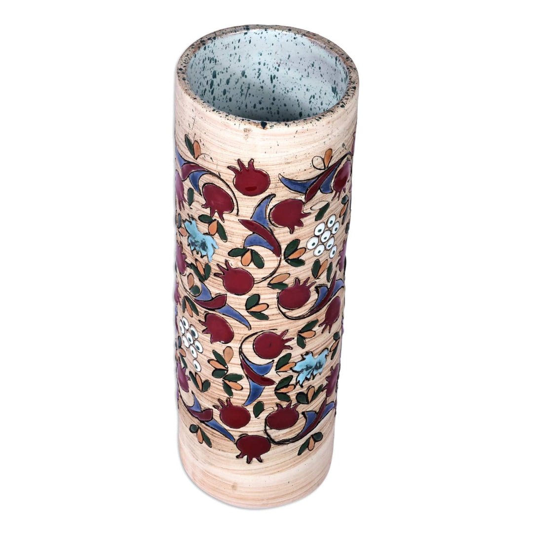 Hand-Painted Ceramic Pomegranate Cylinder Vase from Armenia - Ruby Pomegranate