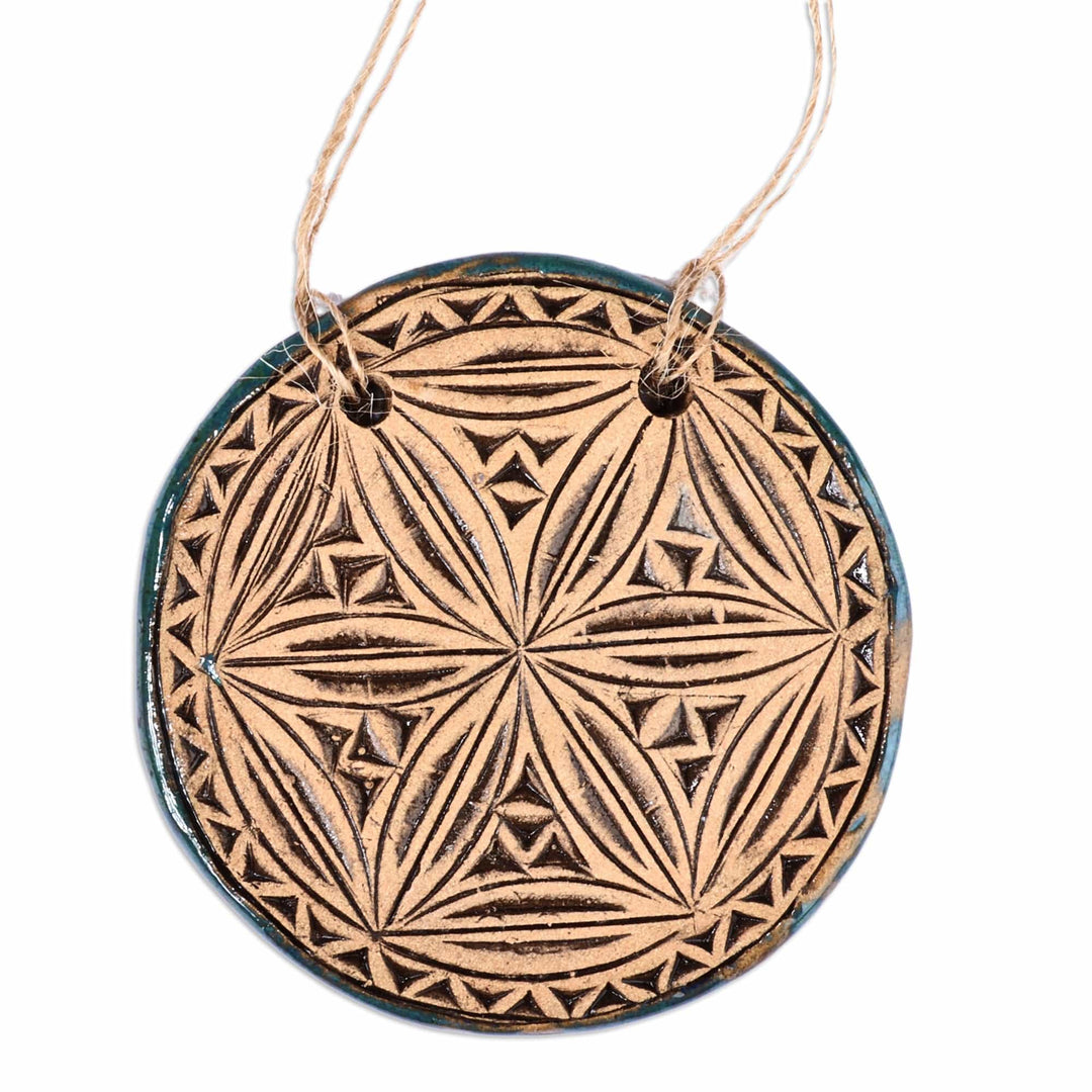 Geometric Floral Patterned Teal Ceramic Amulet Home Accent - Destiny Blossom