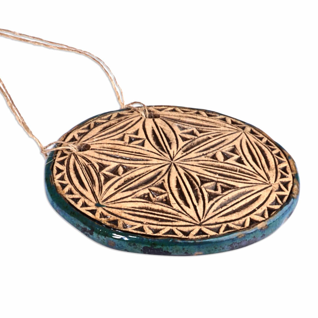 Geometric Floral Patterned Teal Ceramic Amulet Home Accent - Destiny Blossom