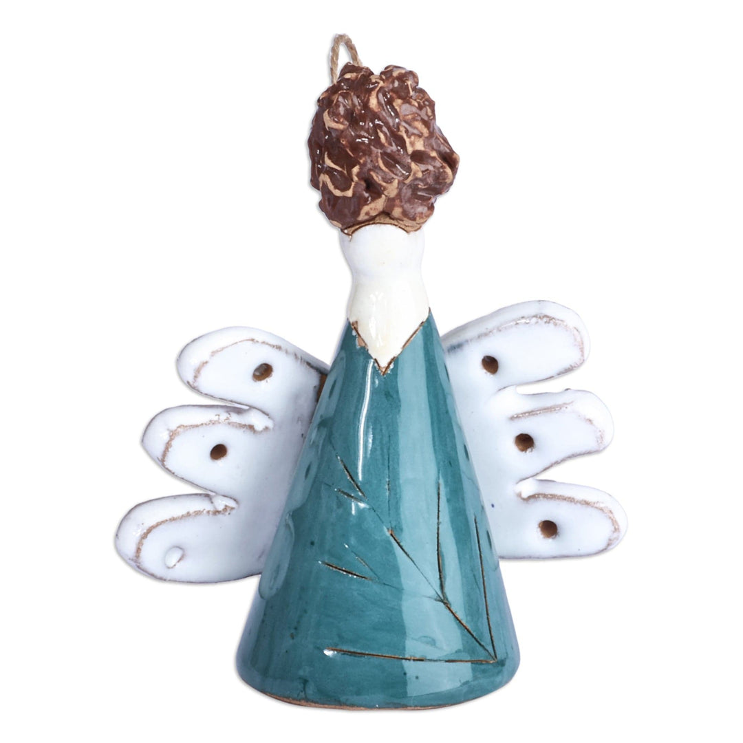 Hand-Painted Angel-Themed Teal Glazed Ceramic Bell Ornament - Angelic Melodies