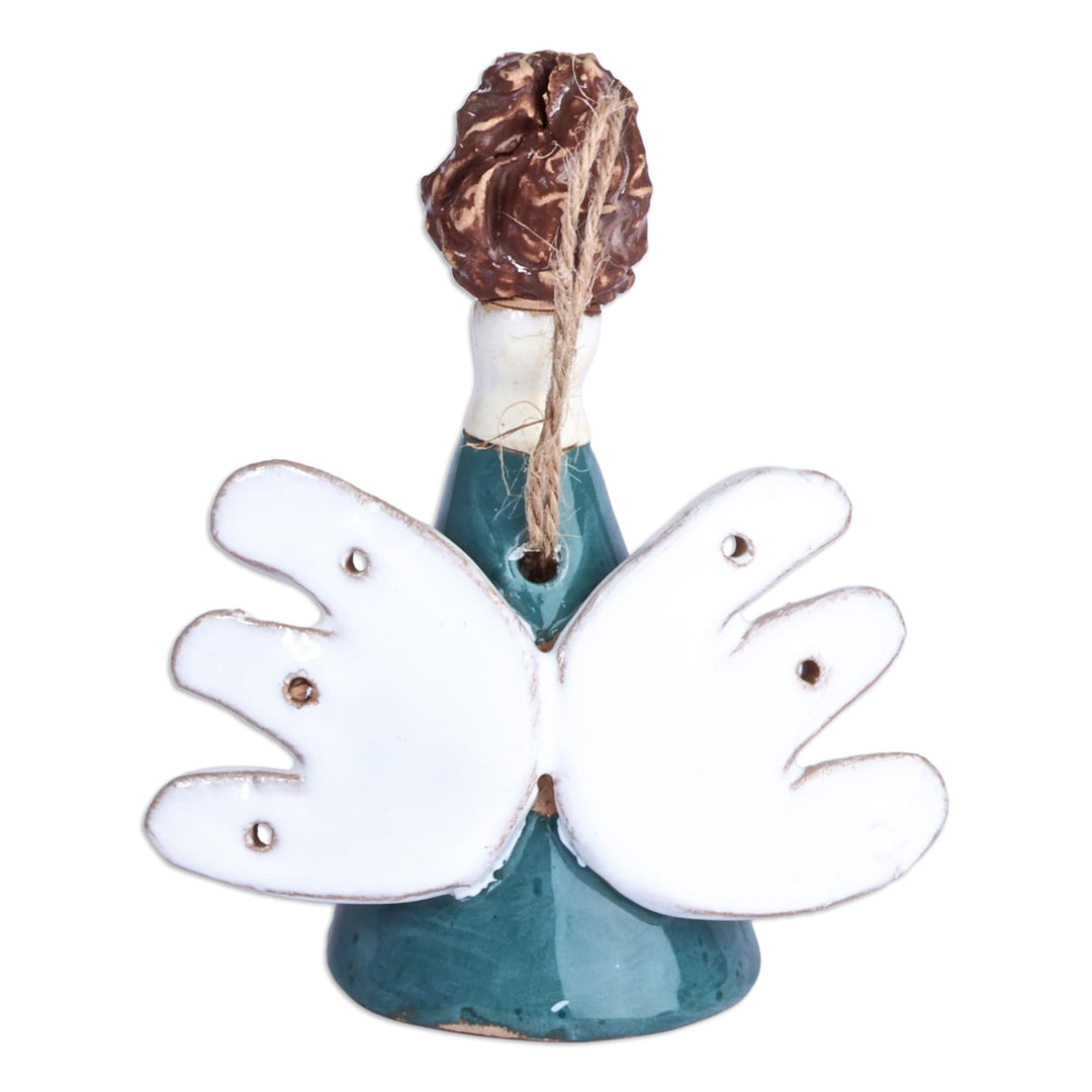 Hand-Painted Angel-Themed Teal Glazed Ceramic Bell Ornament - Angelic Melodies