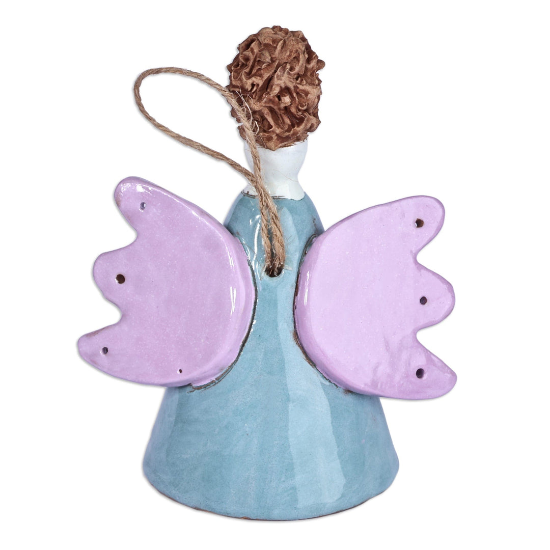 Floral Angel-Themed Blue and Purple Ceramic Bell Ornament - Angelic Flower in Blue