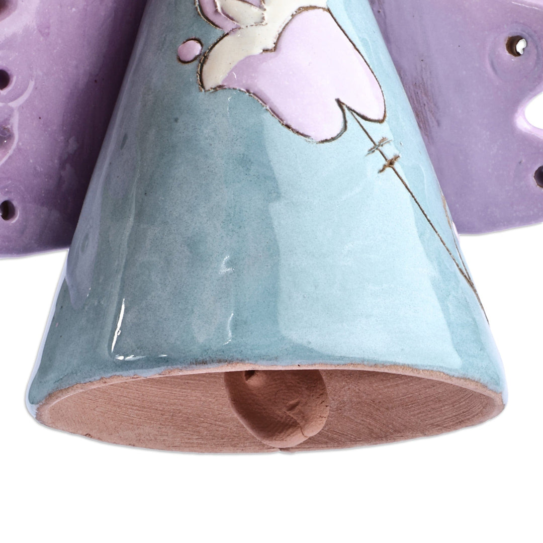 Floral Angel-Themed Blue and Purple Ceramic Bell Ornament - Angelic Flower in Blue