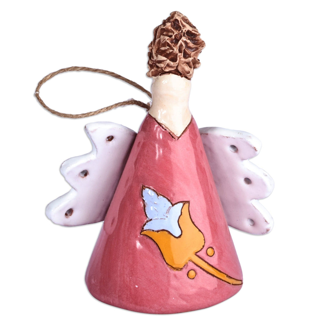 Floral Angel-Themed Red and Orange Ceramic Bell Ornament - Angelic Flower in Red