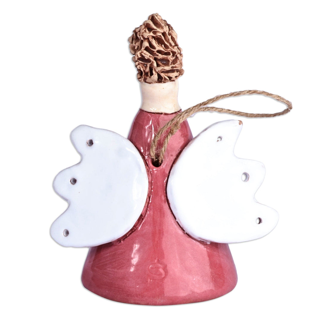 Floral Angel-Themed Red and Orange Ceramic Bell Ornament - Angelic Flower in Red