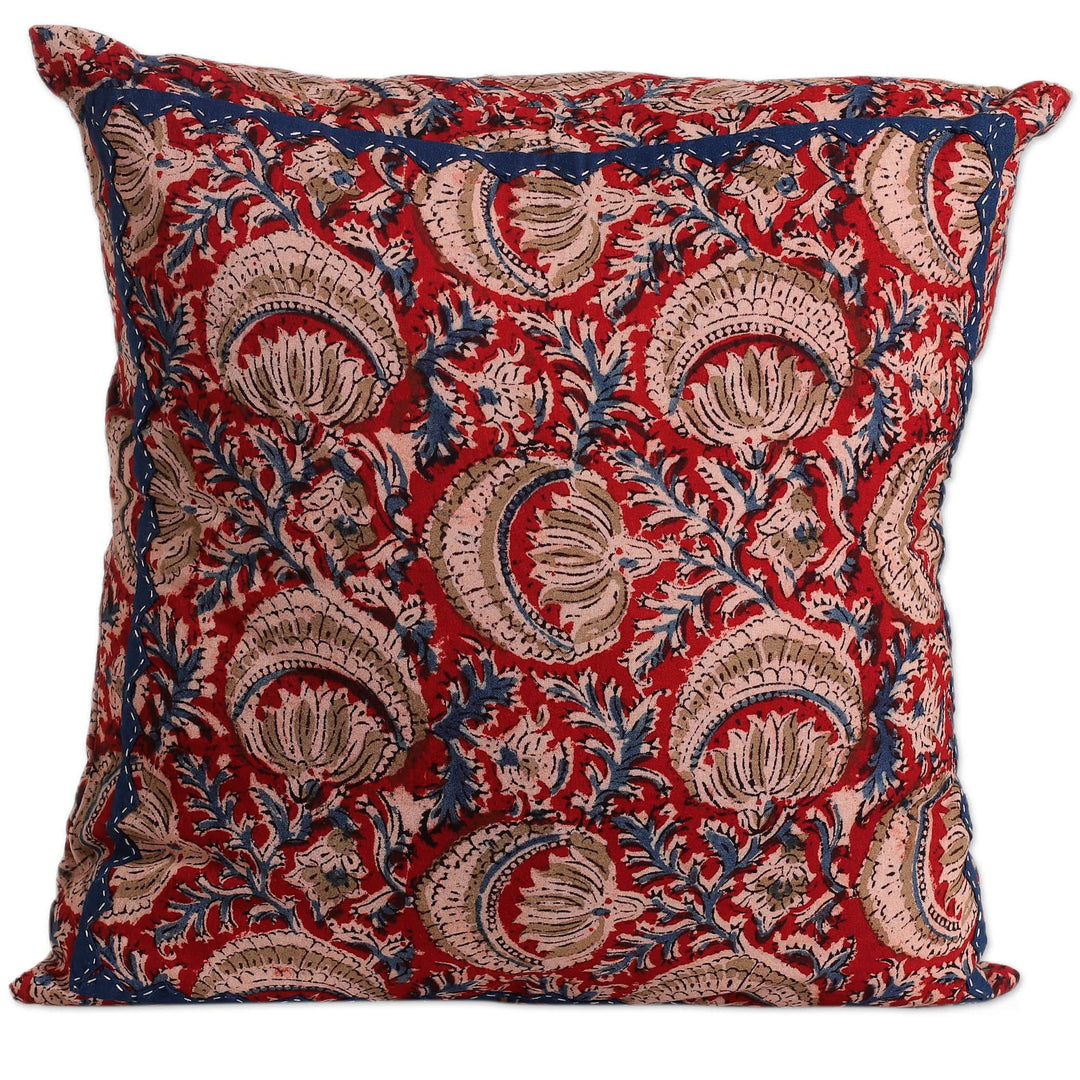 2 Red Kalamkari Applique Floral Cotton Cushion Covers - Royal Red