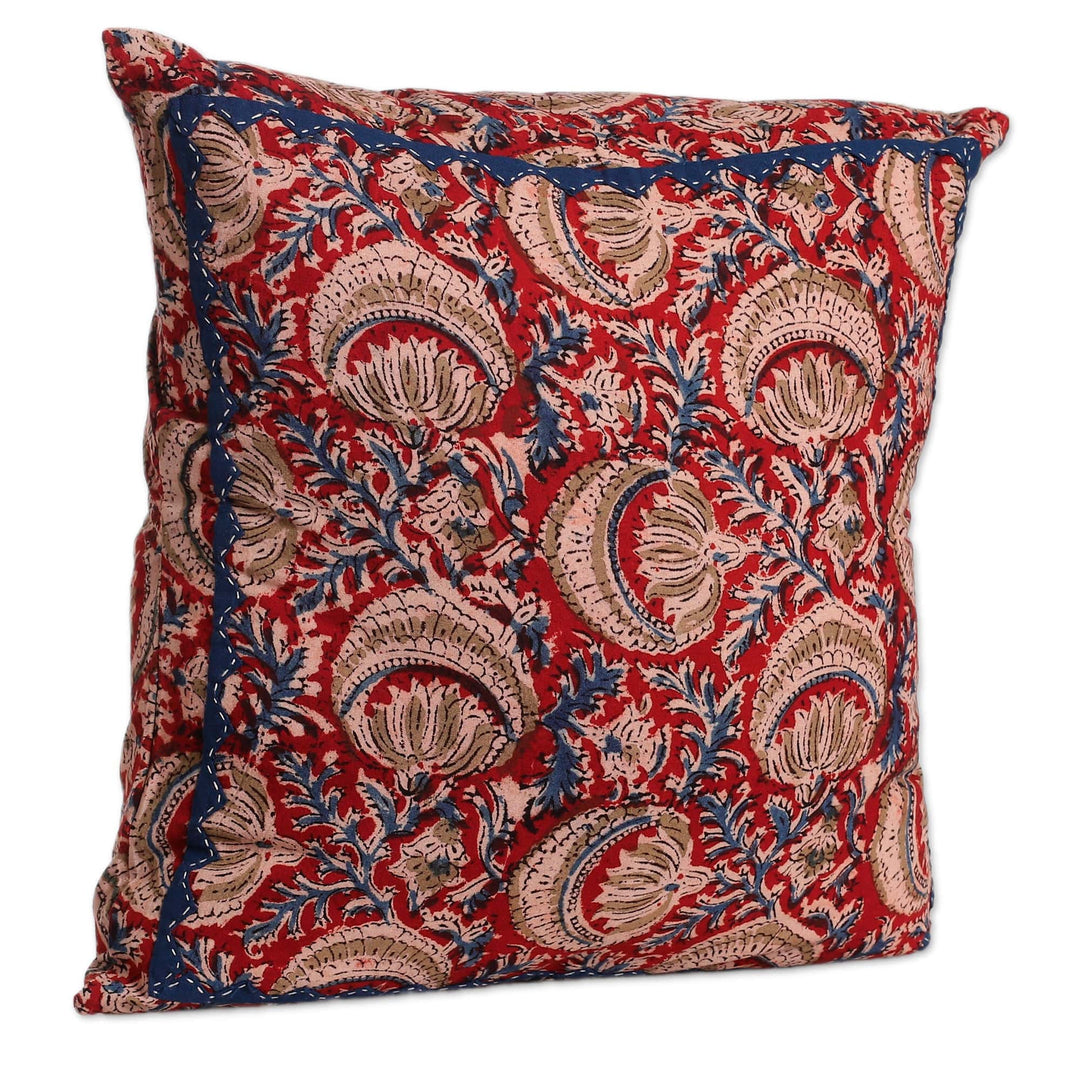 2 Red Kalamkari Applique Floral Cotton Cushion Covers - Royal Red