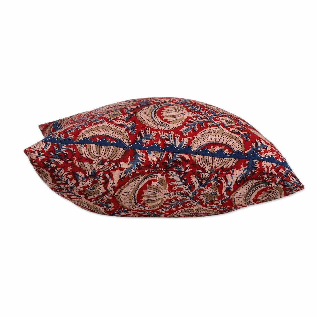 2 Red Kalamkari Applique Floral Cotton Cushion Covers - Royal Red