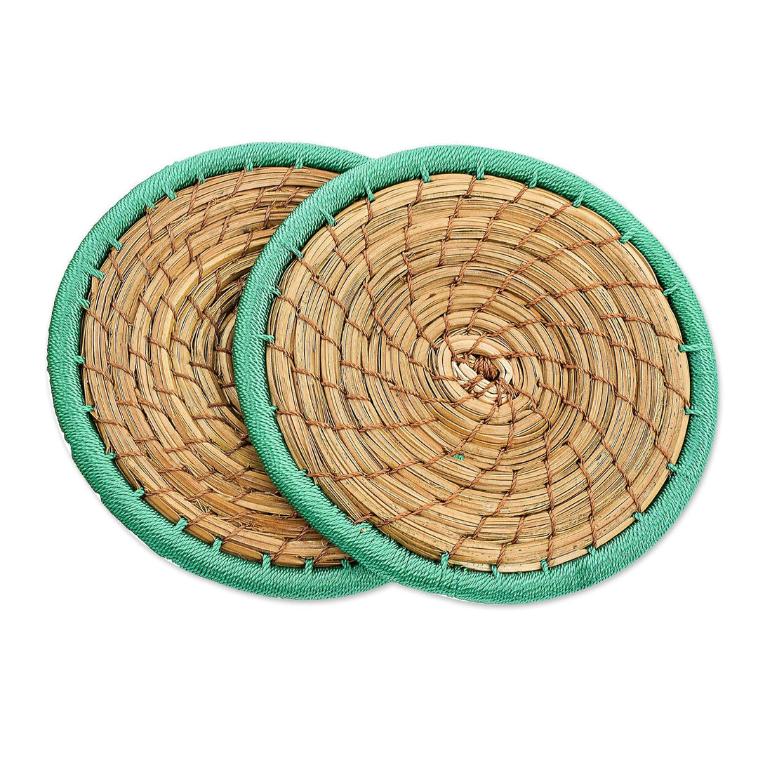 Handcrafted Pine Needle and Polyester Green Coasters (Pair) - Latin Toast in Green