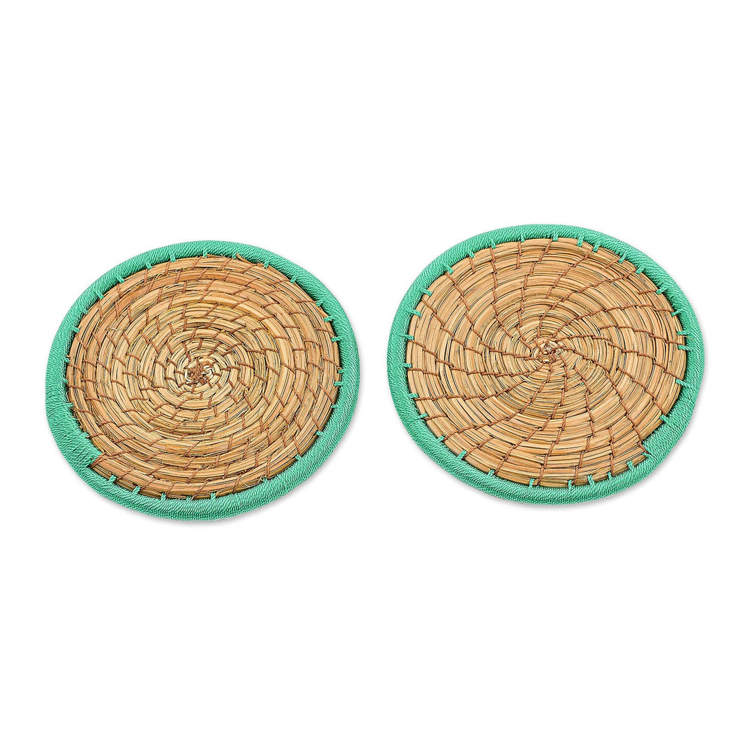Handcrafted Pine Needle and Polyester Green Coasters (Pair) - Latin Toast in Green