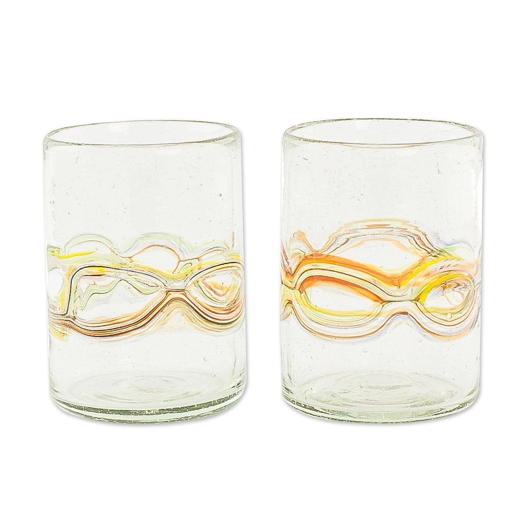 Pair of Handblown Recycled Juice Glasses with Orange Accents - Orange Reefs