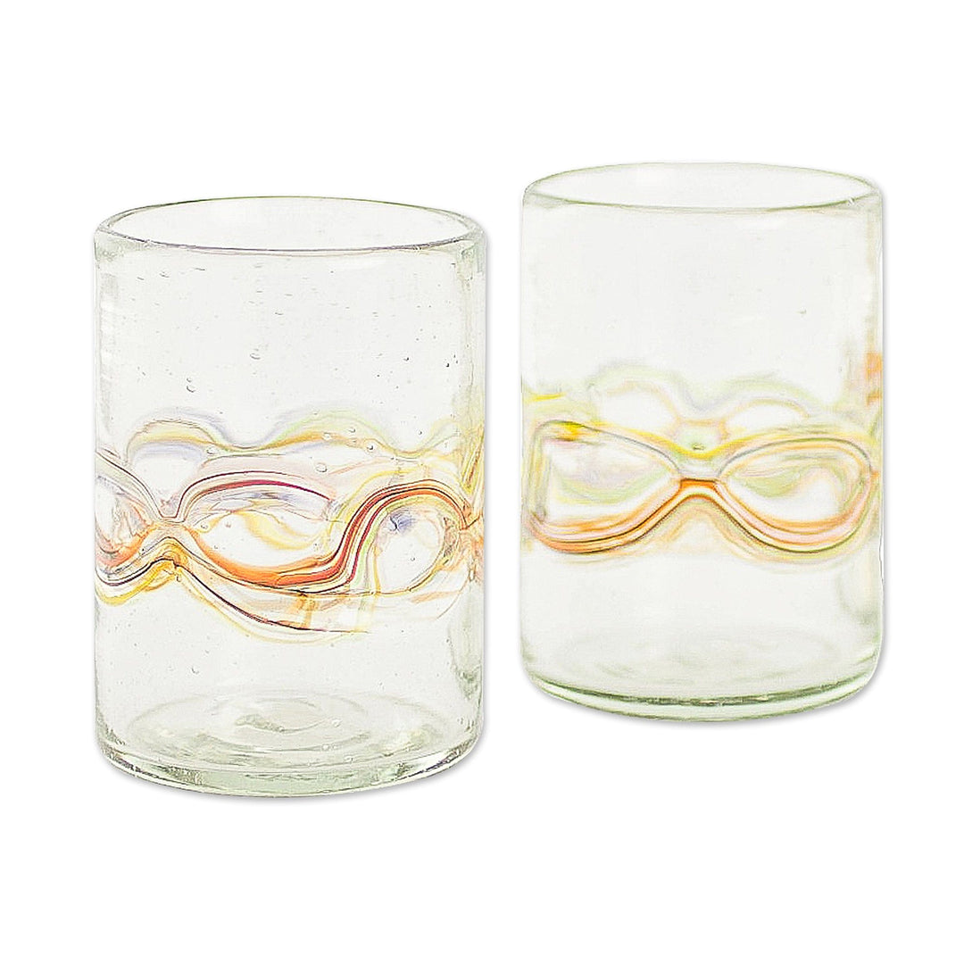 Pair of Handblown Recycled Juice Glasses with Orange Accents - Orange Reefs