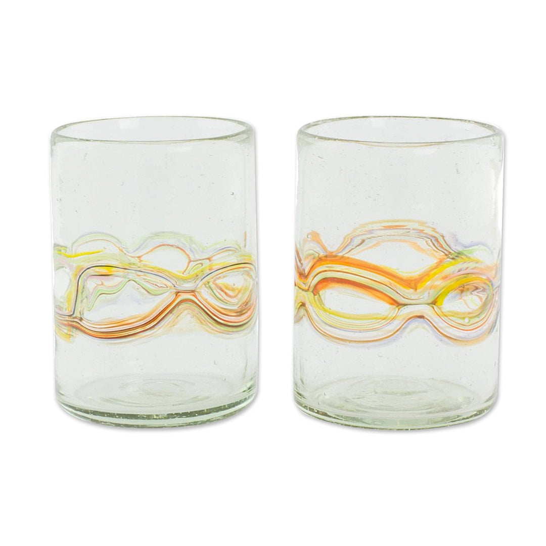 Pair of Handblown Recycled Juice Glasses with Orange Accents - Orange Reefs