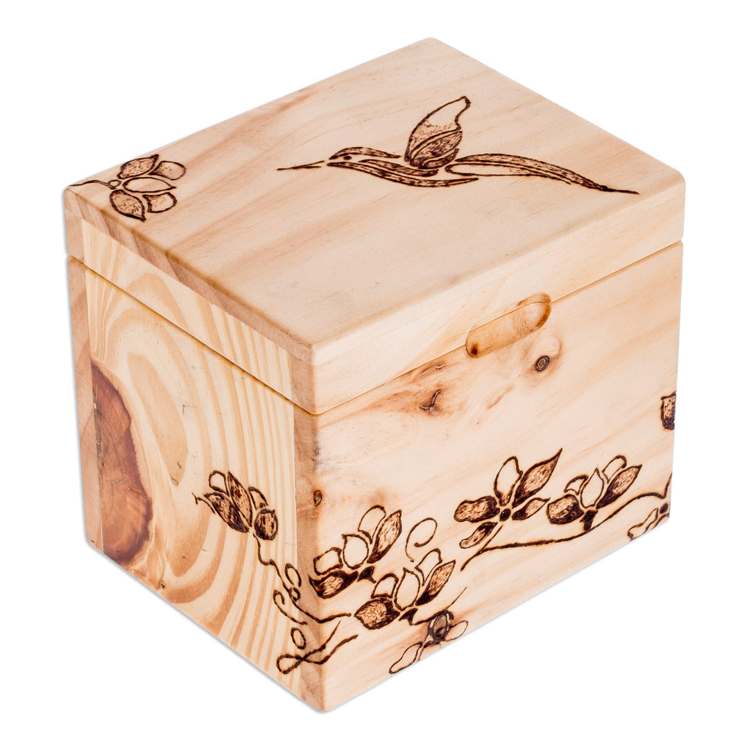 Hand-Carved Hummingbird-Themed Pinewood Decorative Box - Harmonious Traces
