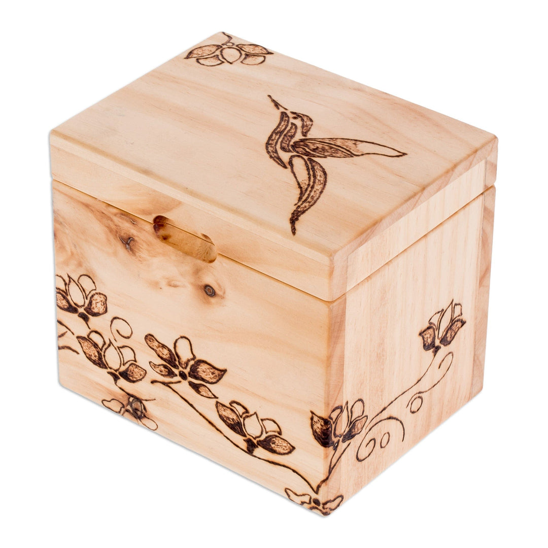 Hand-Carved Hummingbird-Themed Pinewood Decorative Box - Harmonious Traces