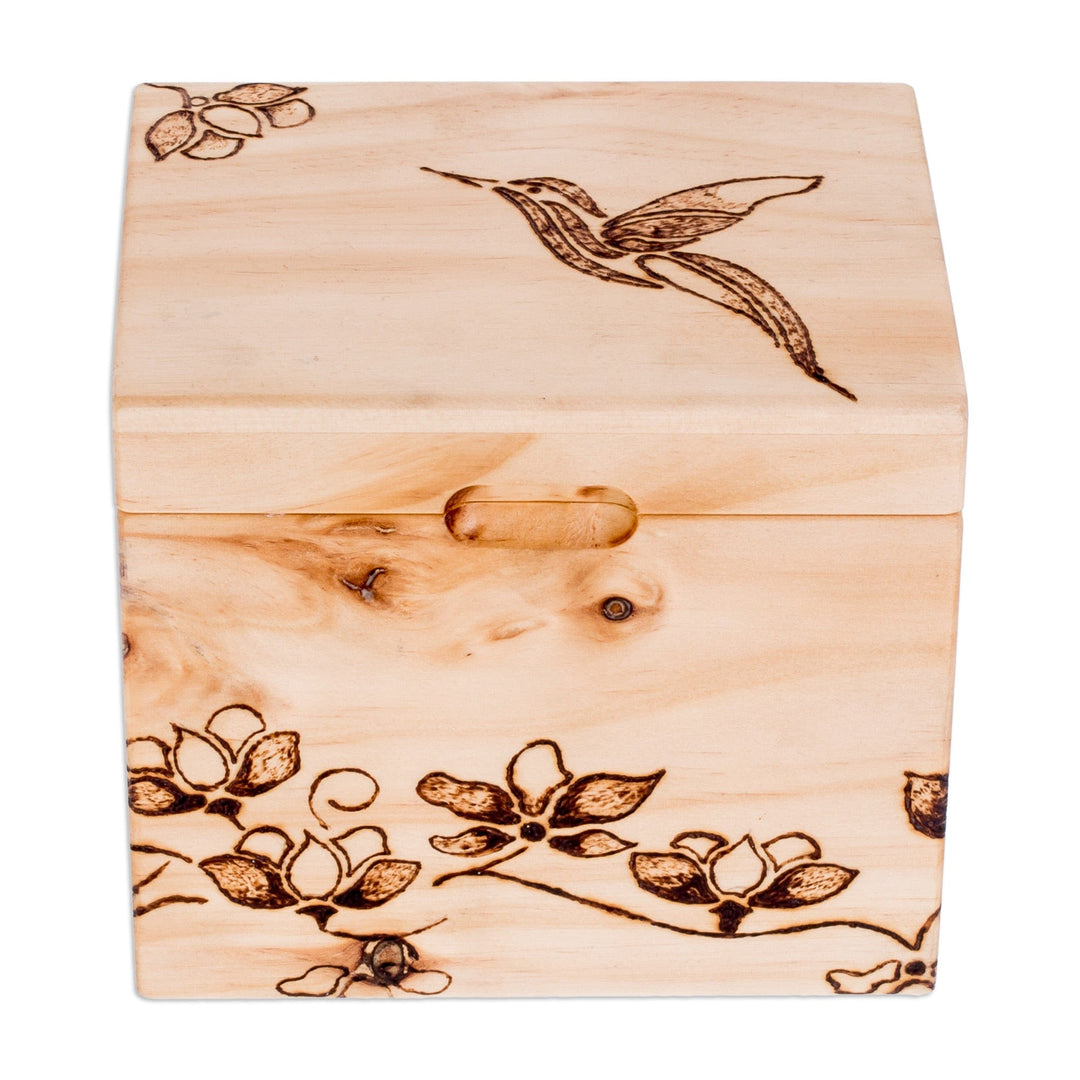 Hand-Carved Hummingbird-Themed Pinewood Decorative Box - Harmonious Traces