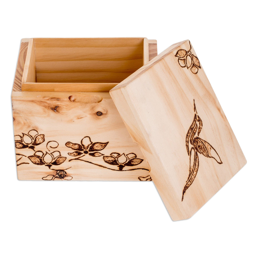 Hand-Carved Hummingbird-Themed Pinewood Decorative Box - Harmonious Traces